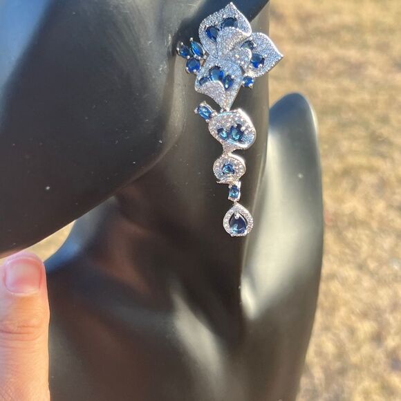 Luxury Blue Crystal Drop Earrings with sterling silver Stud - Picture 12 of 14